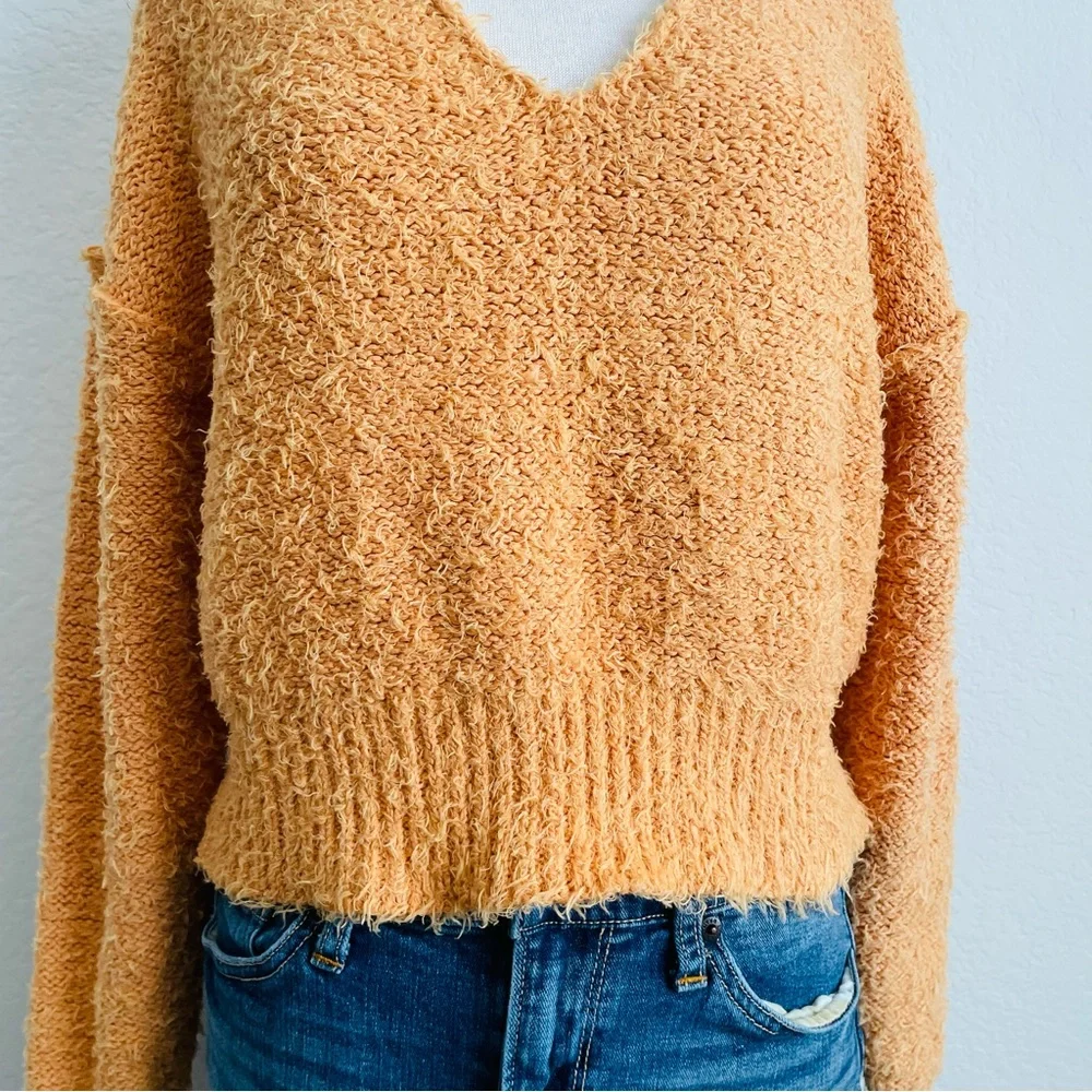 We the Free Free People Orange Eyelash  V-Neck Cropped Sweater
